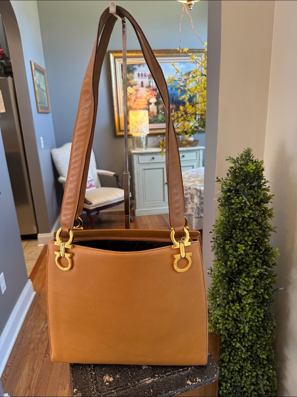 Salvatore Ferragamo Cognac Leather Shoulder Bag with Gold Hardware GUC
